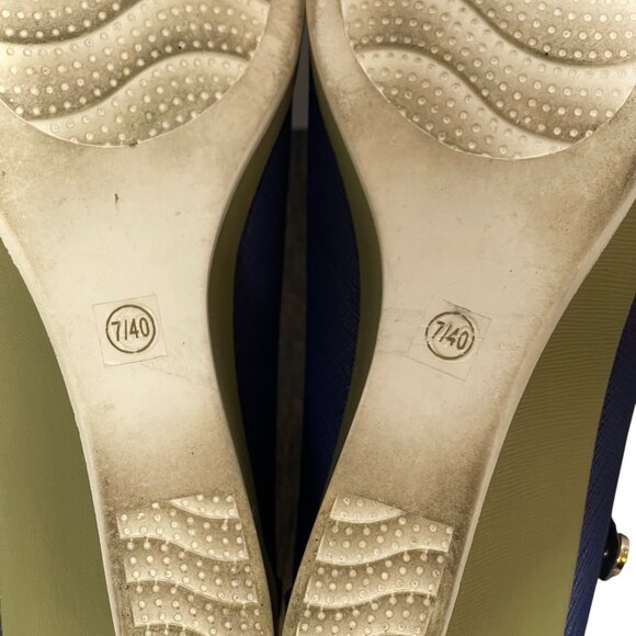 Carlton London Textured Moc-Toe Wedges in Navy Blue with gold accents, size US 9 - Picture 13 of 14